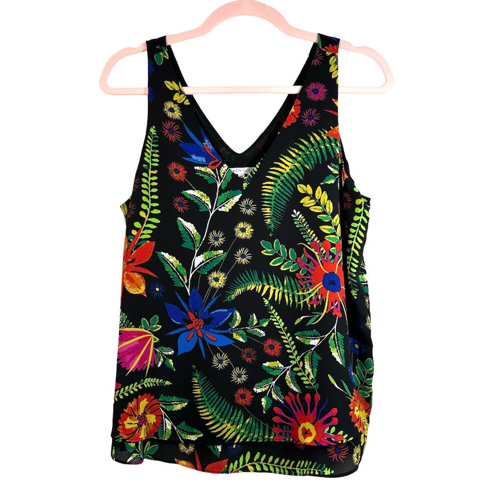 VIOLET + CLAIRE Black Sleeveless Multi Colored Floral Tropical Tank Top Medium